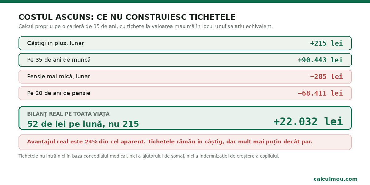 Avantajul lunar de 215 lei se reduce la 52 de lei după ce socotești pensia pierdută.