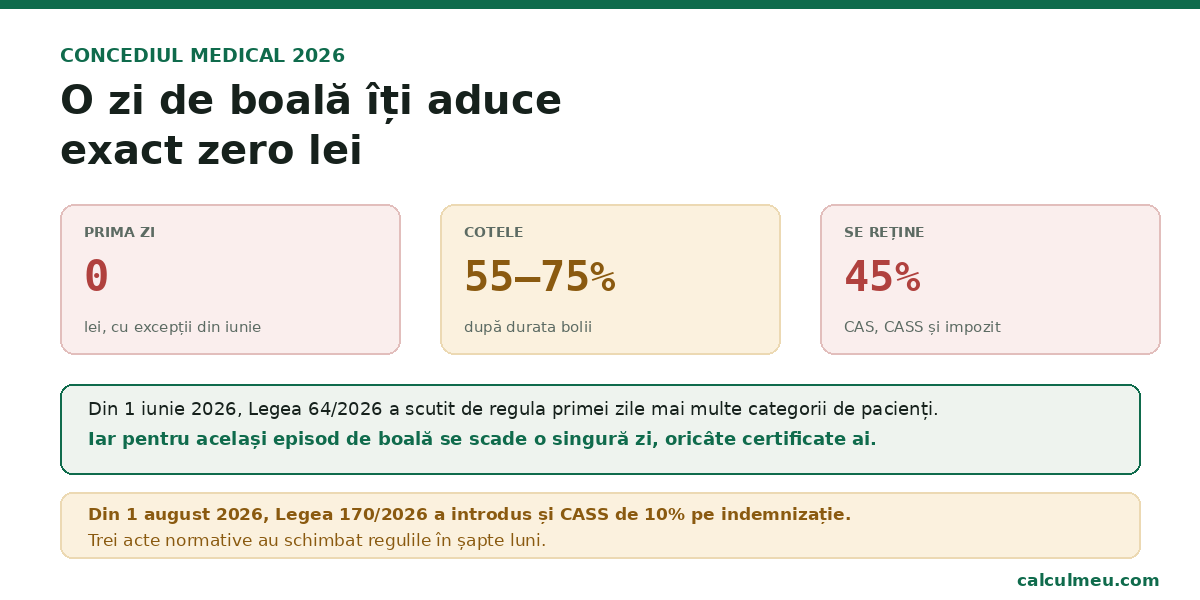 Concediul medical în 2026 pe scurt: prima zi nu se plătește, cota depinde de durata bolii, iar din indemnizația brută se rețin 45%.
