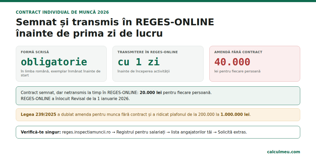 Contractul se semnează și se transmite în REGES-ONLINE cel târziu în ziua anterioară primei zile de muncă.