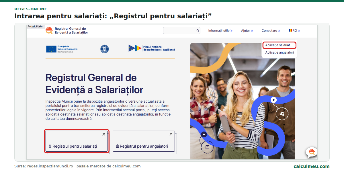 Pagina principală REGES-ONLINE: salariații intră prin „Registrul pentru salariați” sau prin meniul „Aplicație salariat”.