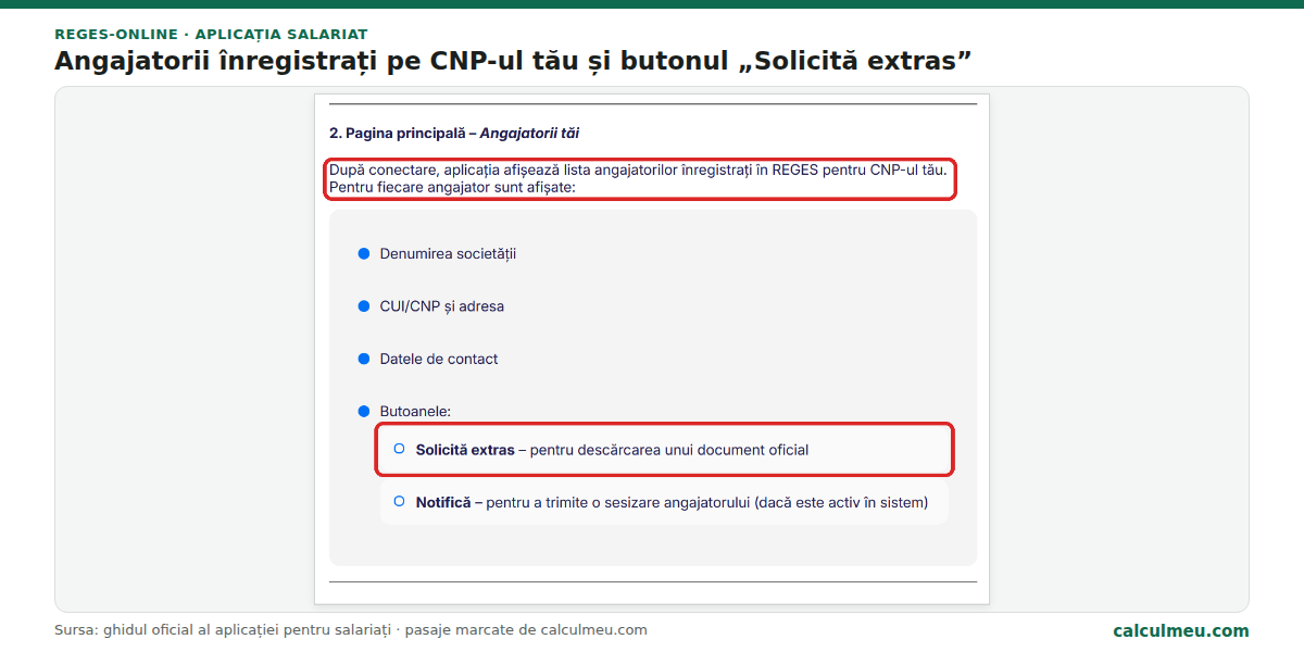 Ghidul oficial al aplicației pentru salariați: lista angajatorilor înregistrați pe CNP-ul tău și butonul „Solicită extras”.