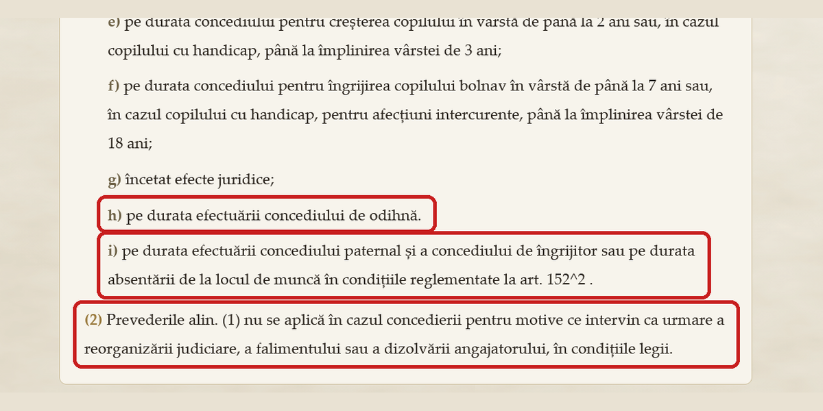 Articolul 60 din Codul muncii: concedierea este interzisă în concediul de odihnă, paternal și de îngrijitor, cu excepția falimentului sau dizolvării firmei