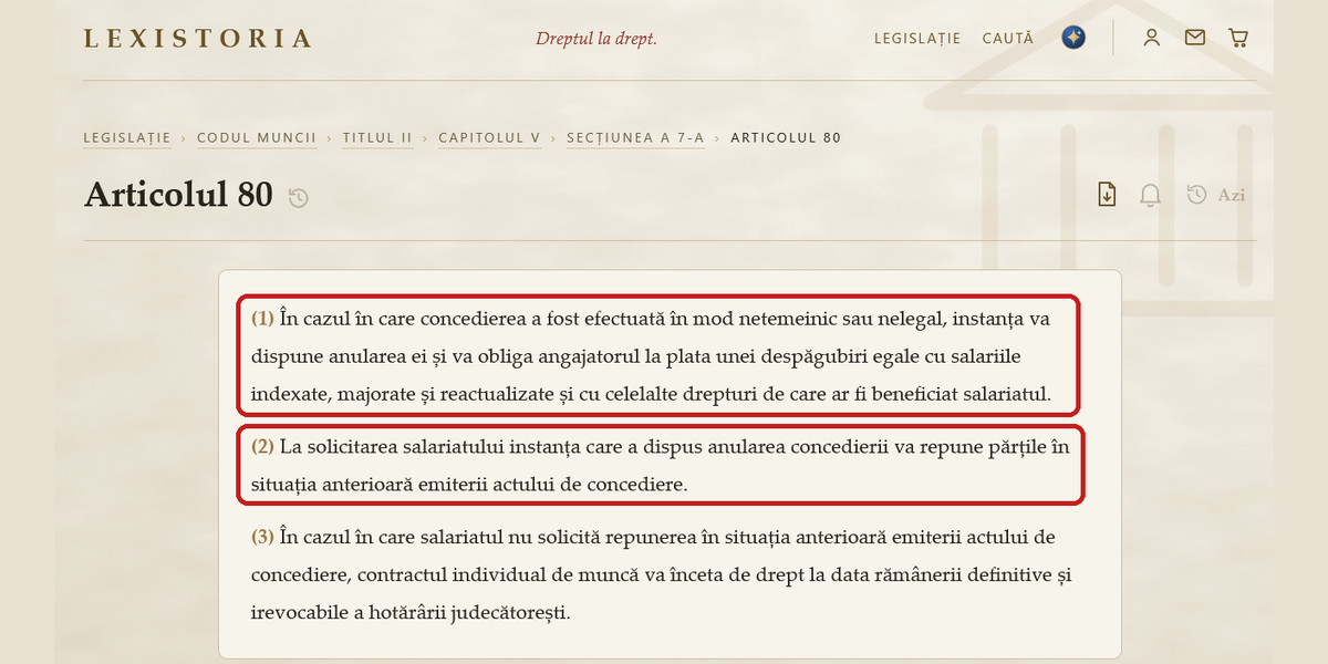 Articolul 80 din Codul muncii: la anularea concedierii, angajatorul plătește salariile indexate și, la cererea salariatului, îl repune pe post
