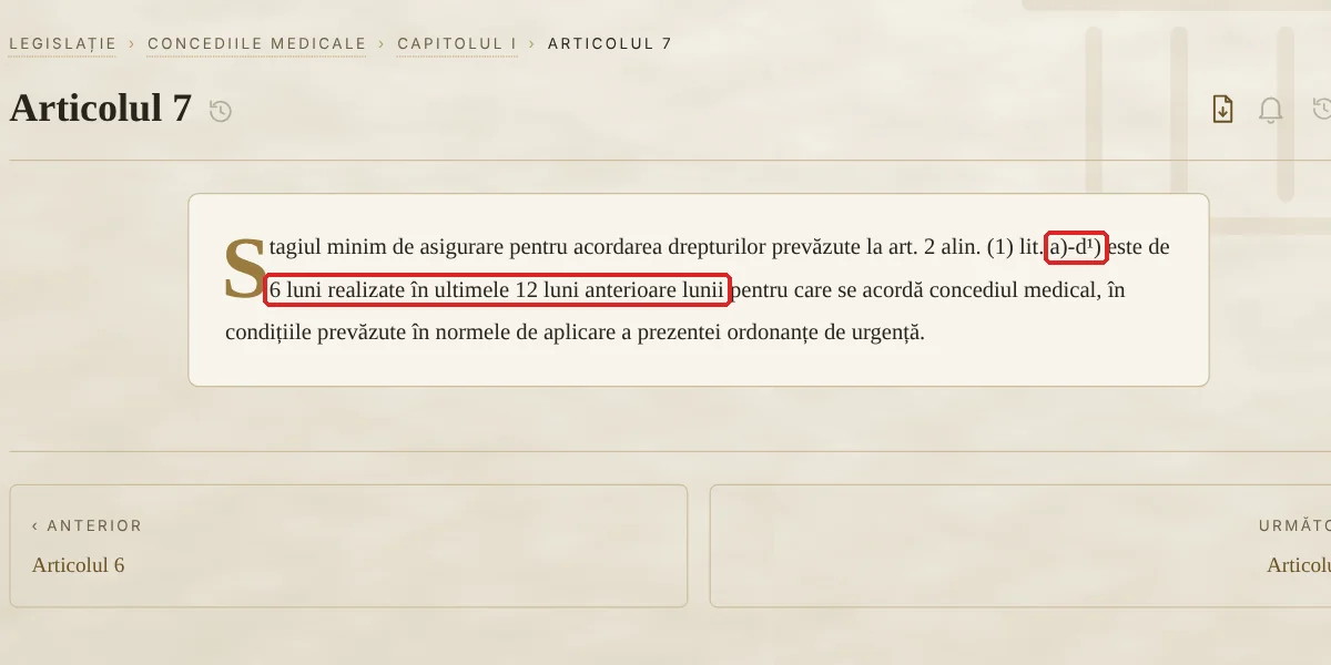 Articolul 7 din OUG 158/2005: stagiul minim de 6 luni în ultimele 12 se aplică drepturilor de la literele a) până la d¹), deci și concediului de maternitate