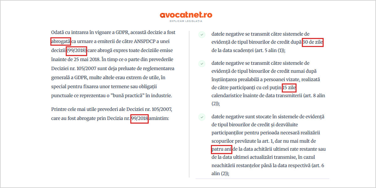 Decizia 105/2007, sursa regulilor de 30 de zile, 15 zile și 4 ani, a fost abrogată prin Decizia ANSPDCP 99/2018.