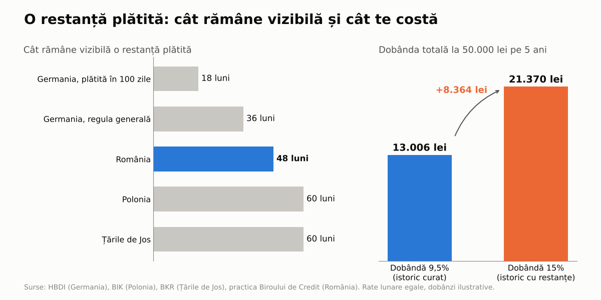 Stânga: cât rămâne vizibilă o restanță plătită în patru țări. Dreapta: dobânda totală la 50.000 de lei pe 5 ani.