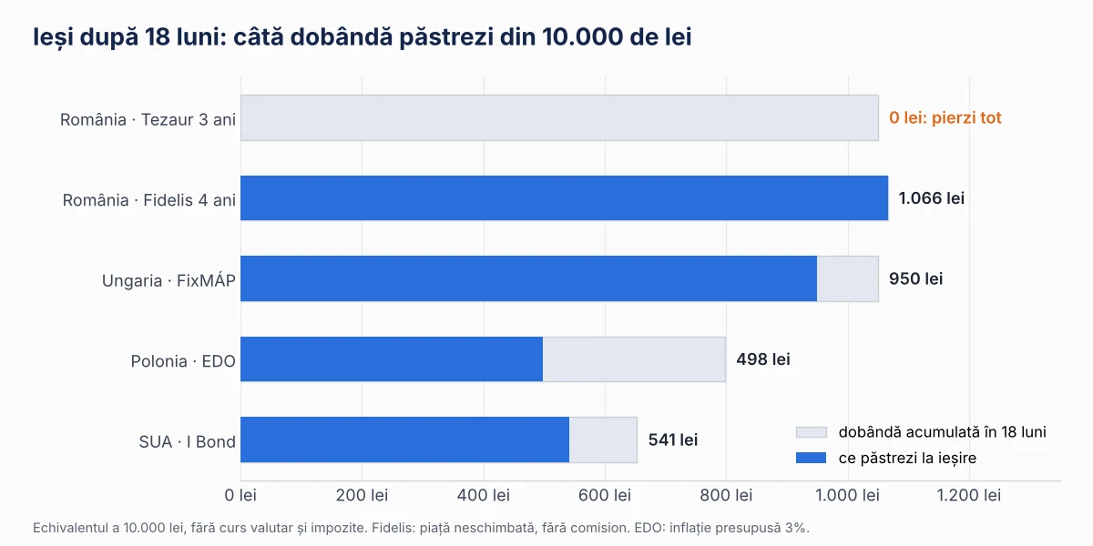 Câtă dobândă păstrezi dacă ieși după 18 luni, pe echivalentul a 10.000 de lei. Tezaur e singurul titlu din comparație la care pierzi tot.