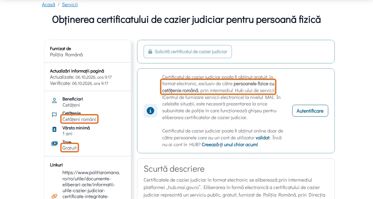 Pagina serviciului pe hub.mai.gov.ro, actualizată pe 06.10.2026: serviciul este gratuit și disponibil doar cetățenilor români. Captură din 14.10.2026.
