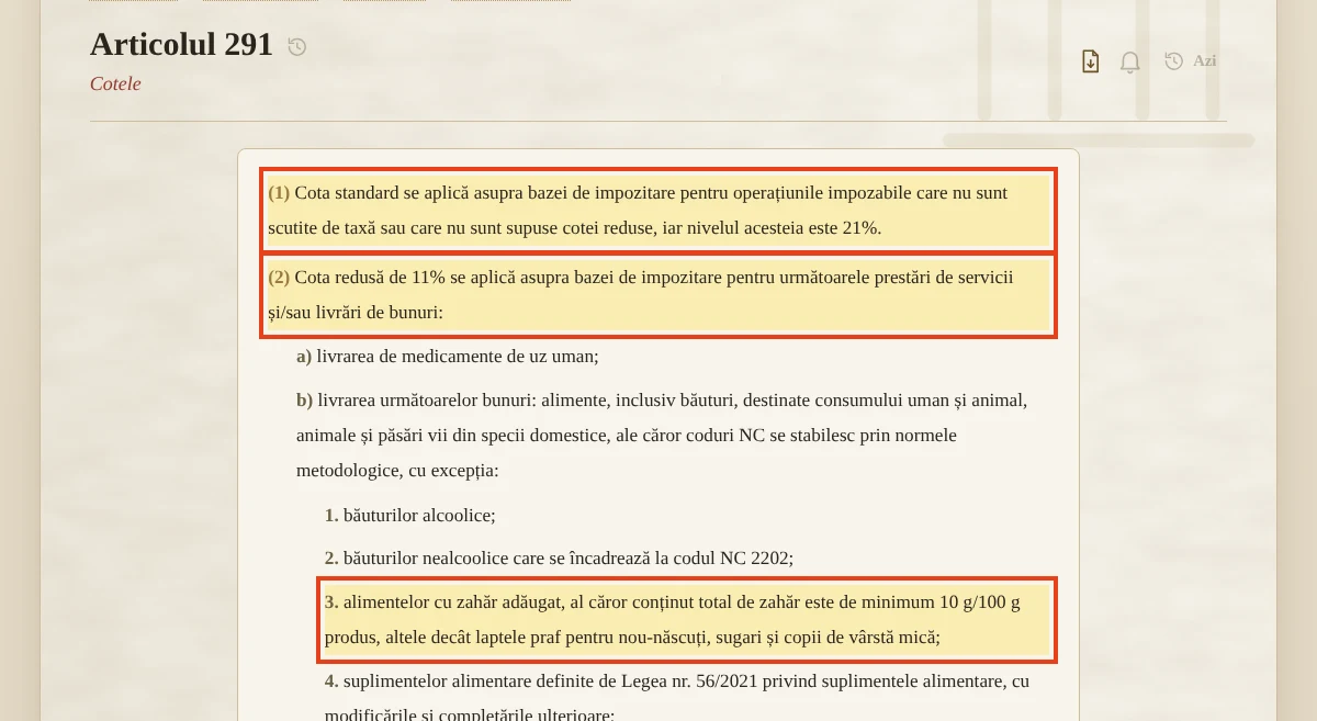Codul fiscal, art. 291: cotele de 21% și 11% și pragul de zahăr