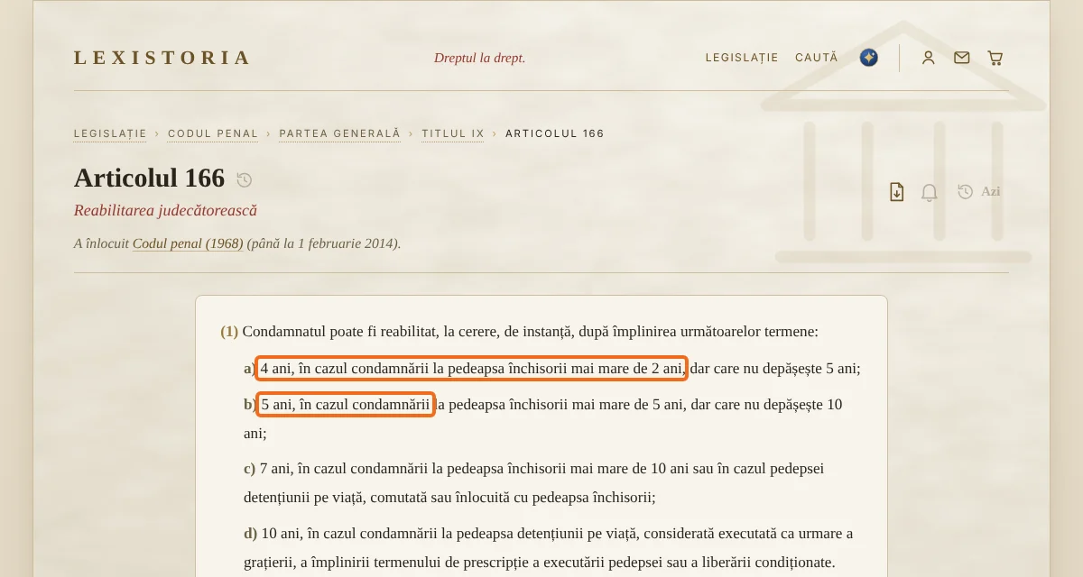 Articolul 166 din Codul penal: termenele după care poți cere instanței reabilitarea. Captură din 14.10.2026.