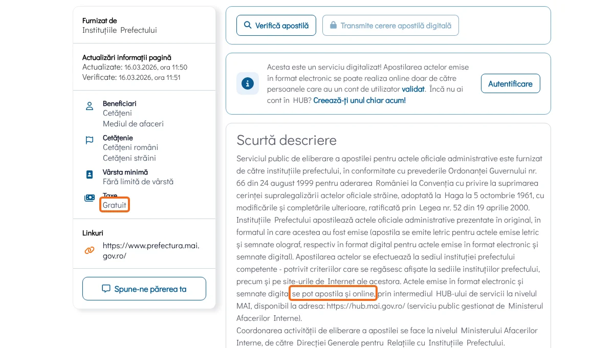 Serviciul de apostilă din HUB: actele emise și semnate electronic se apostilează online, fără taxă.