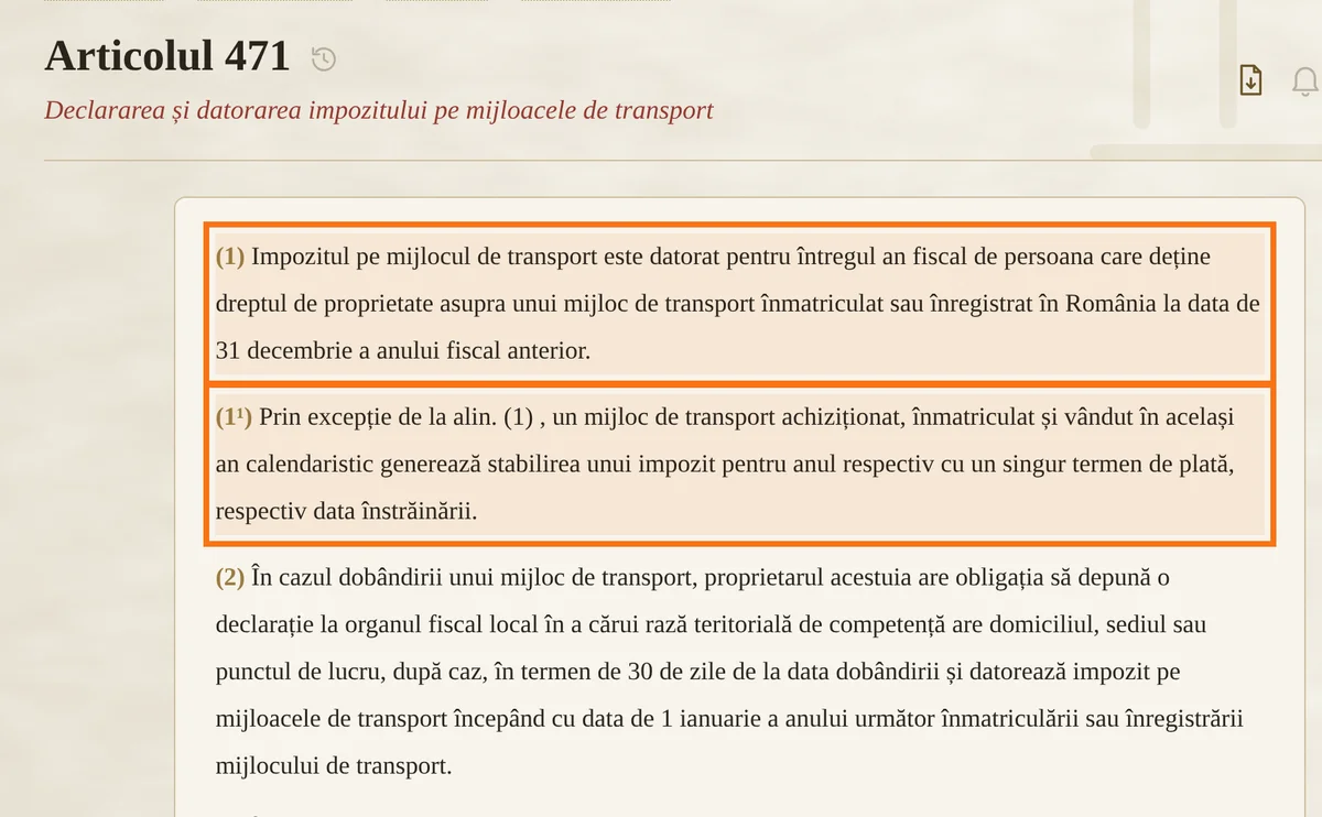 Articolul 471 din Codul fiscal: proprietarul de la 31 decembrie datorează impozitul pe tot anul