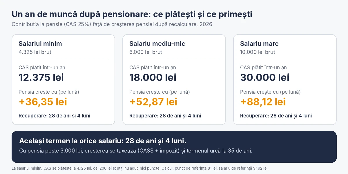 Un an de muncă după pensionare: contribuția plătită și creșterea pensiei, la trei niveluri de salariu